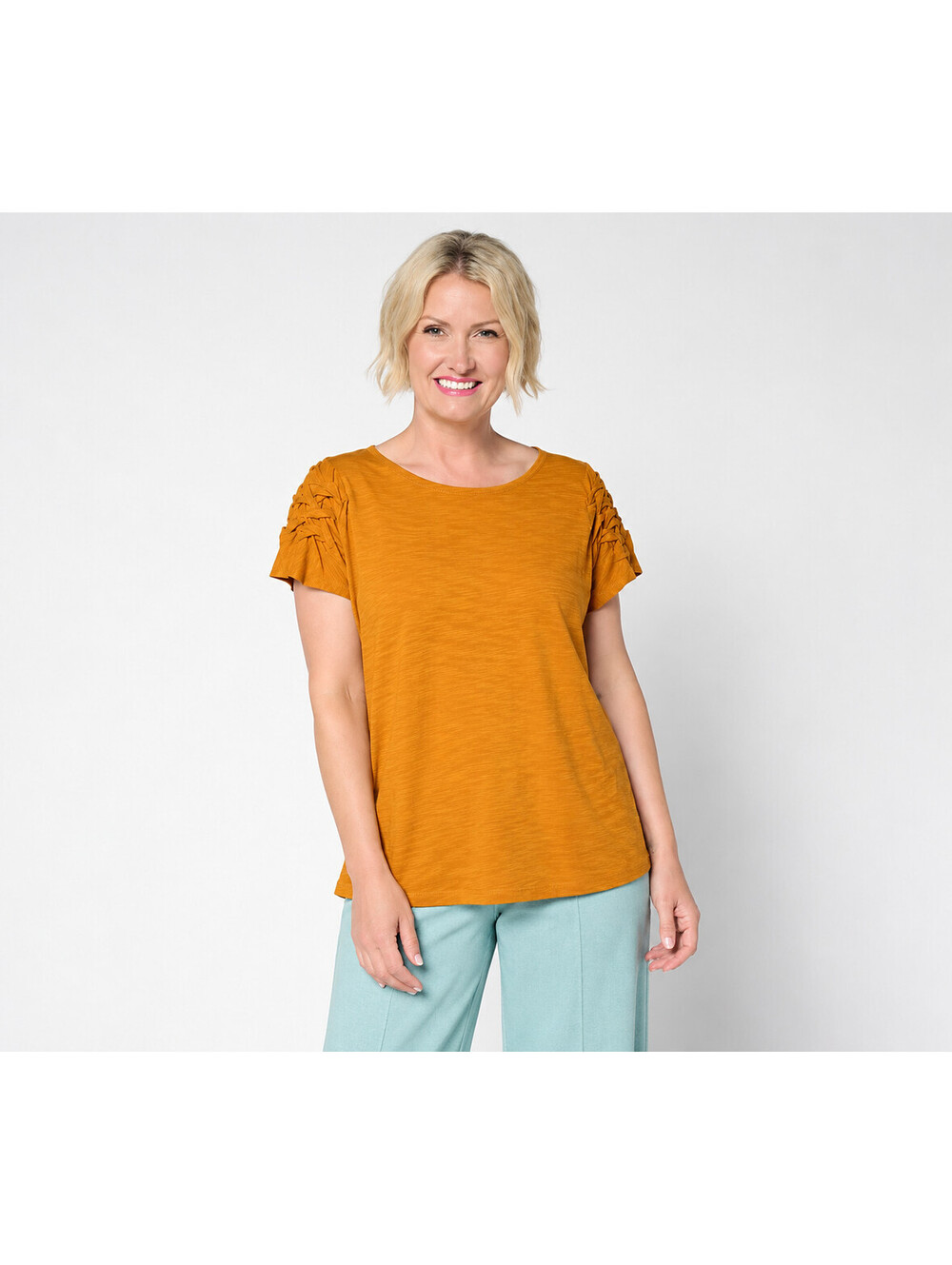 LOGO by Lori Goldstein 100% Cotton Braided Sleeve Top Inca Gold, Size Medium